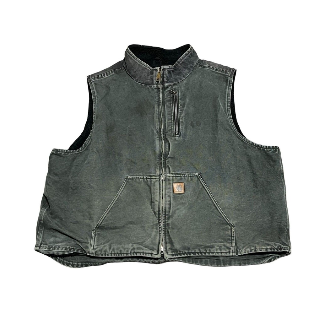 VTG Carhartt Canvas Sherpa Lined Full Zip Vest Moss Black Men’s 3XL Distressed